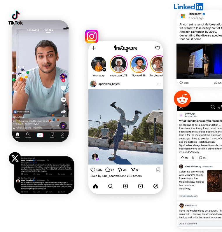 Posts from TikTok, Instagram, X, LinkedIn, and Reddit arranged side by side, ready to be saved into Seemilar.