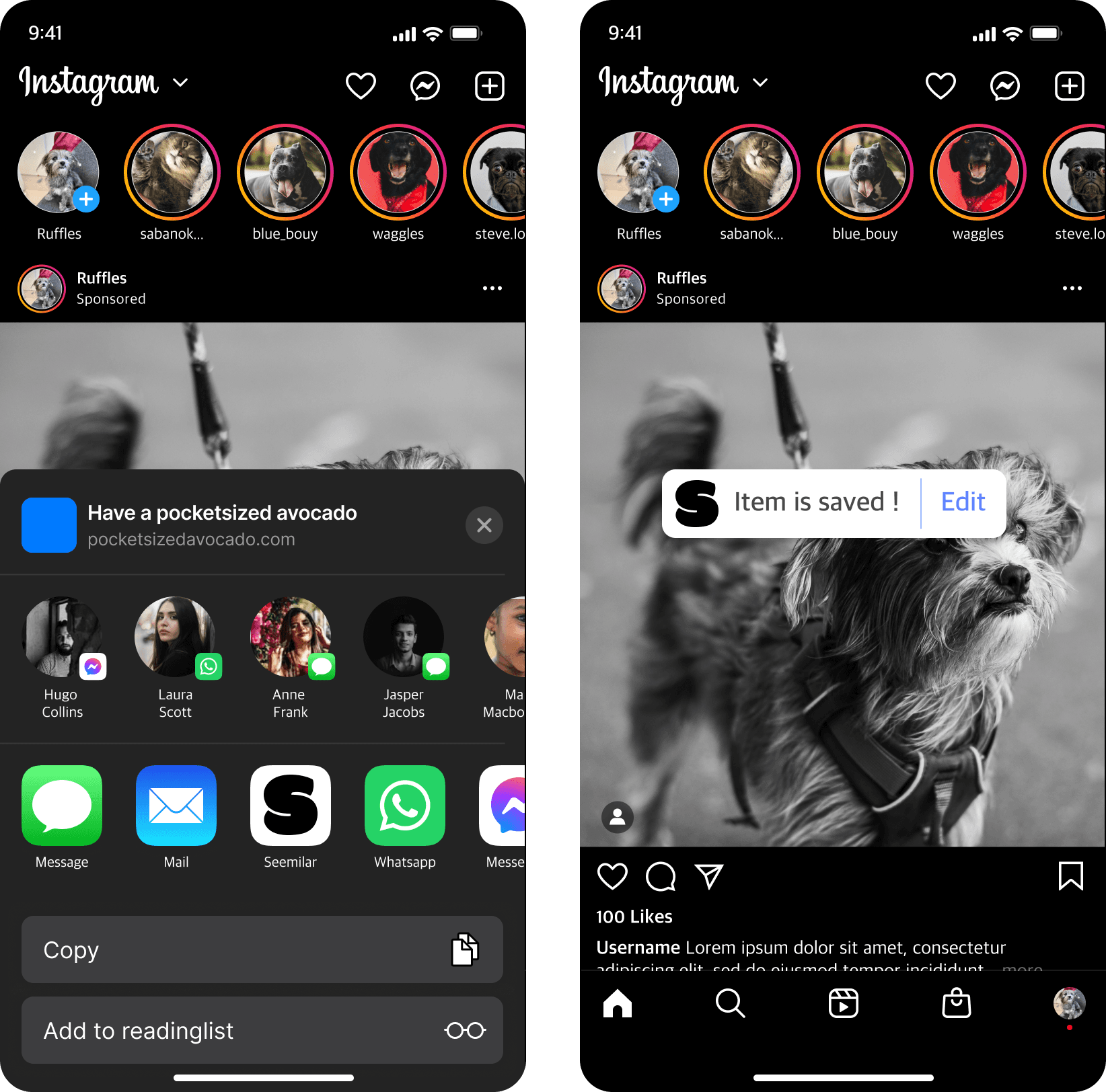 Two phone screens: the iOS share sheet with Seemilar selected, and a confirmation reading “Item is saved!” over an Instagram post.